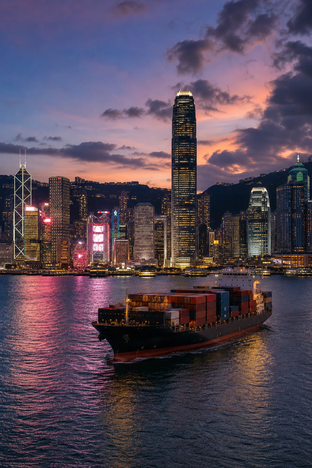 Hong Kong skyline with packages ready for forwarding to USA