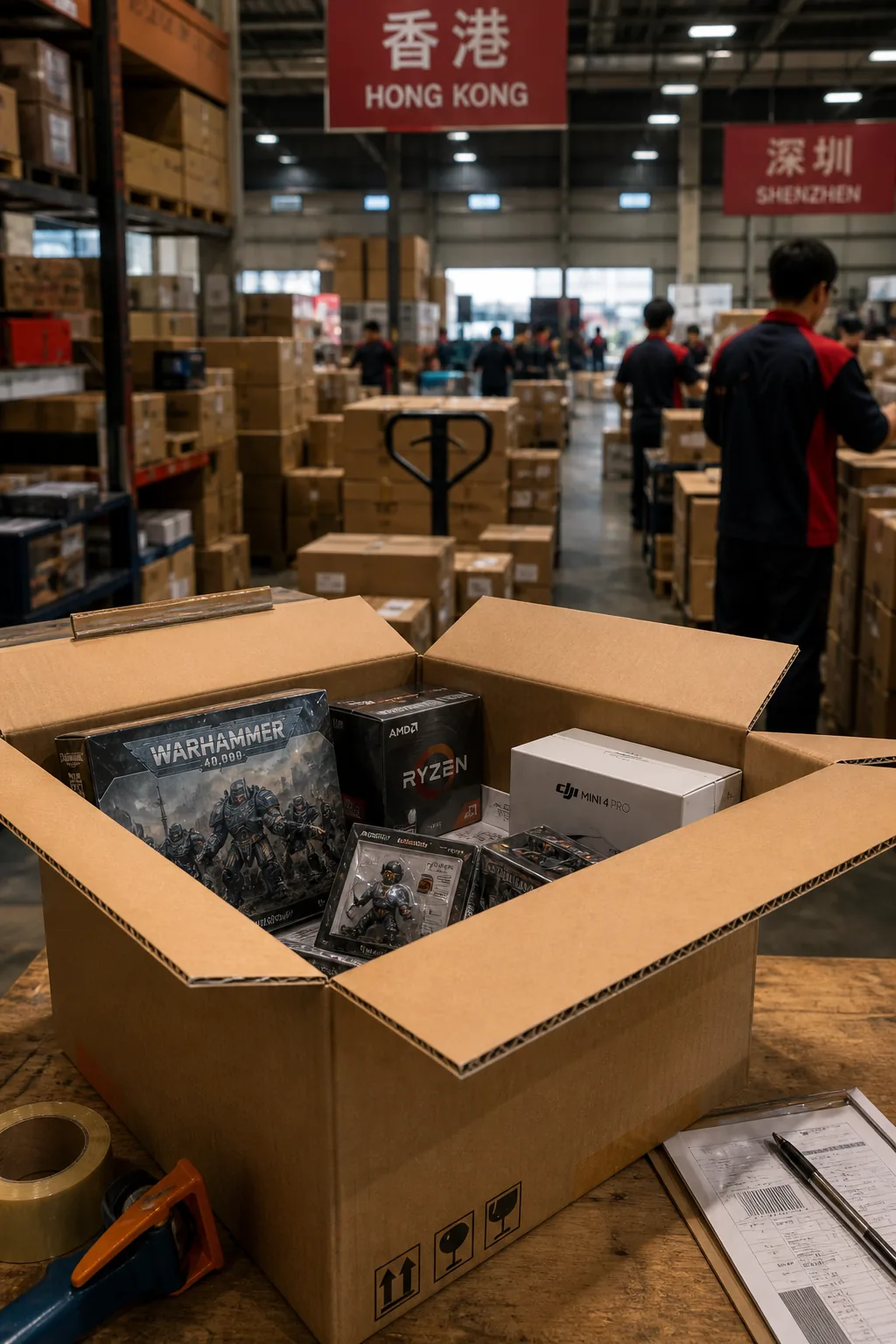 Hong Kong and Shenzhen warehouse with consolidated box containing Warhammer, AMD and DJI products ready to ship to the USA