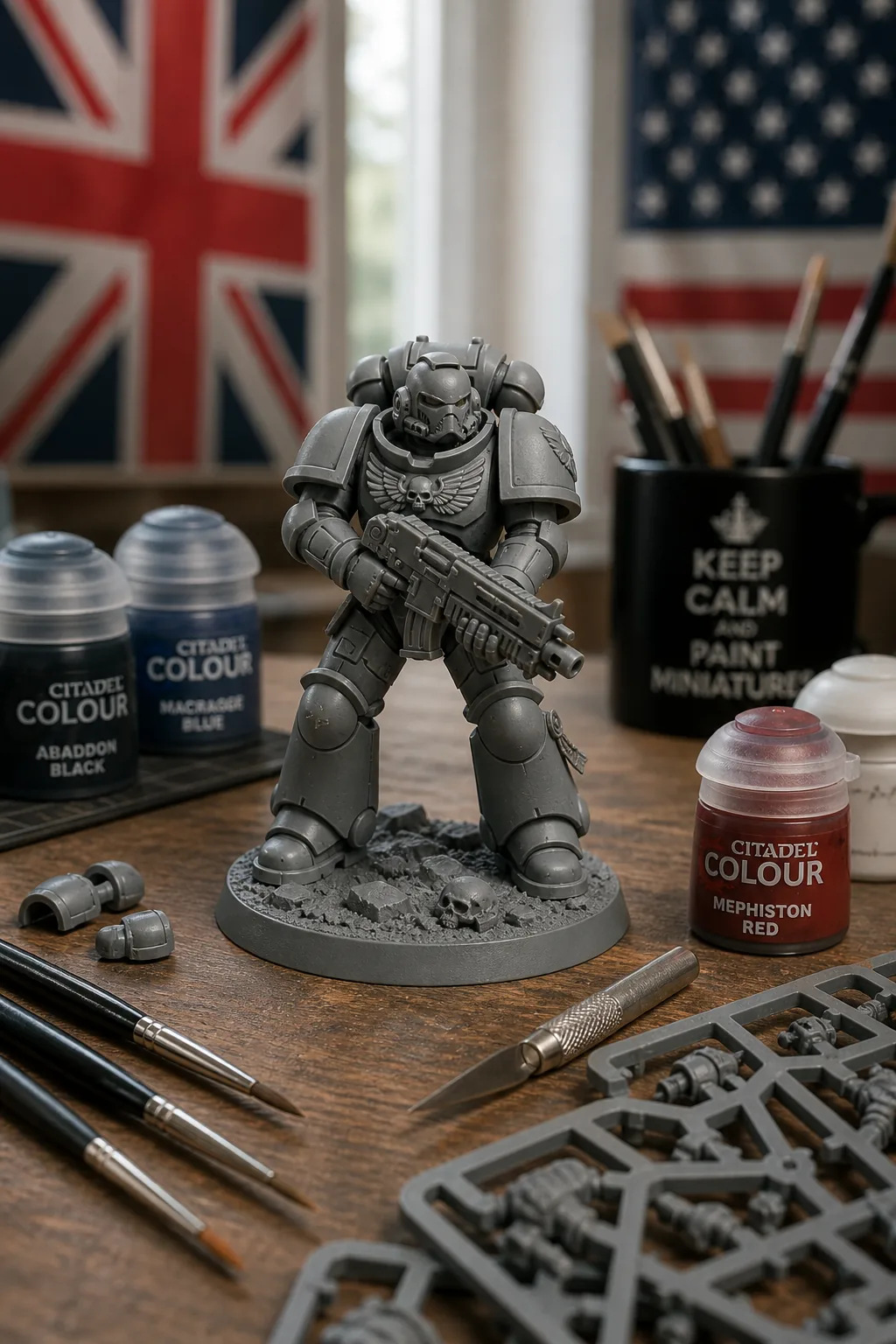 Unpainted Warhammer 40,000 Space Marine miniature with Citadel paints on a hobby desk, UK and US flags in the background