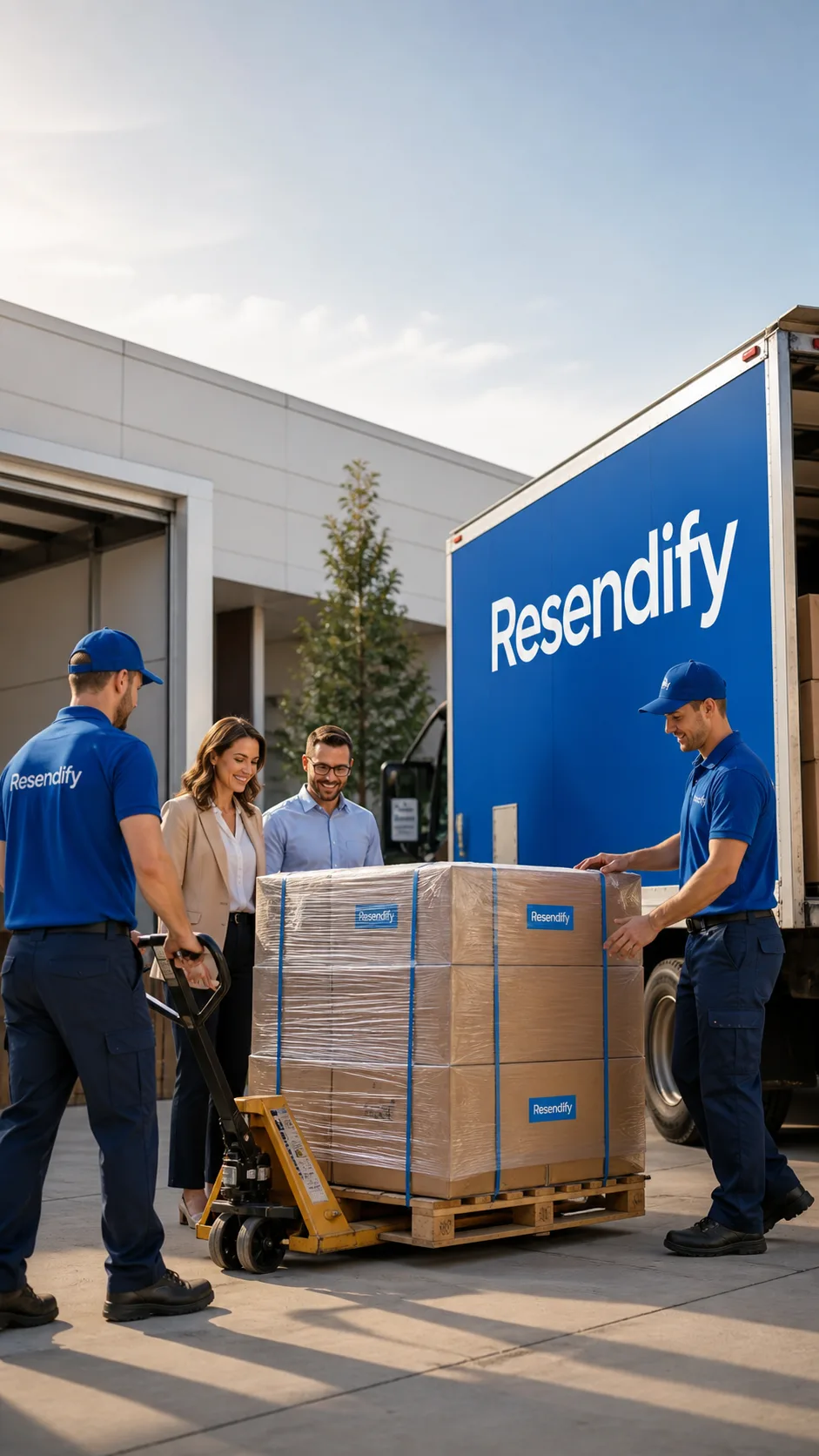 Resendify operators handing a wrapped pallet over to two business customers beside a branded truck