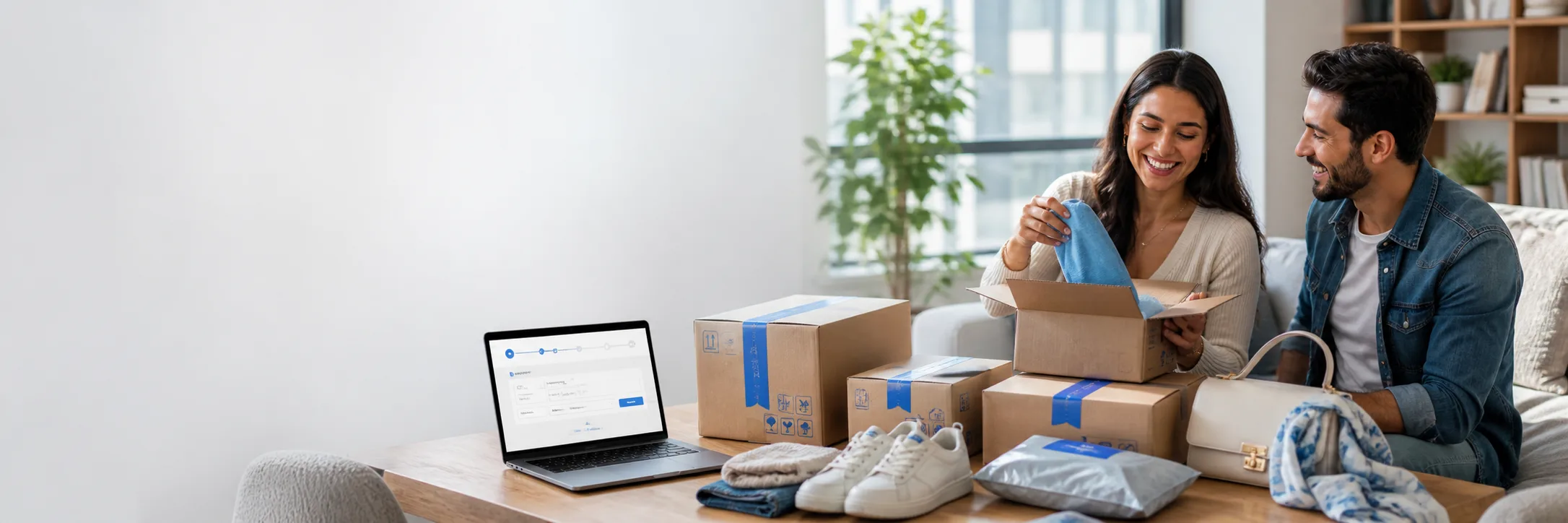 A couple at home unboxing parcels consolidated and forwarded by Resendify, with the tracking view open on a laptop
